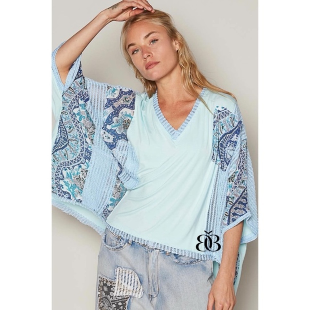 POL Blue Boho Print + Solid V Neck Short Sleeve Oversized Top Sheer Knit Accents
